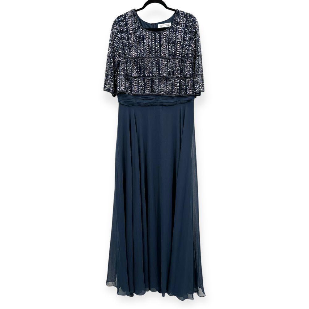 Mac Duggal NEW Chiffon Gown w/ Fully Beaded 3/4 Sleeve Top Navy $598 - Size‎ 18 - Picture 3 of 13